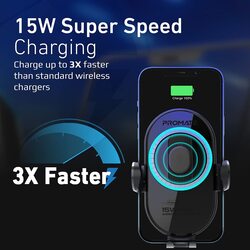 Promate Wireless Car Charger Mount, 15W Qi Fast Charging Auto-Clamping Dashboard Air Vent Phone Holder, Black
