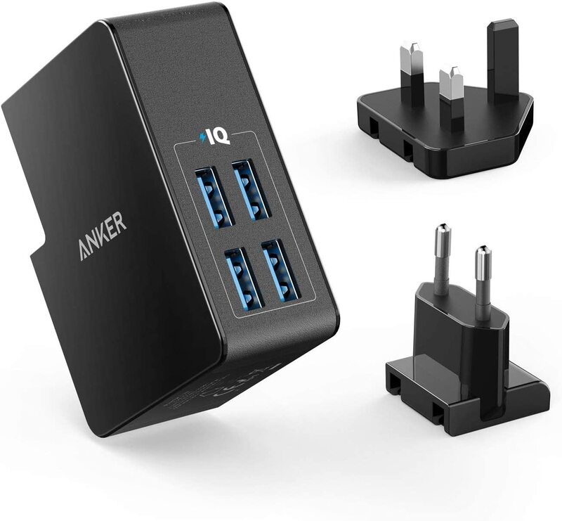 Anker PowerPort Lite 4 Port USB Charger, 27W, 2.4A , with Interchangeable UK and EU Travel Adapter, Black