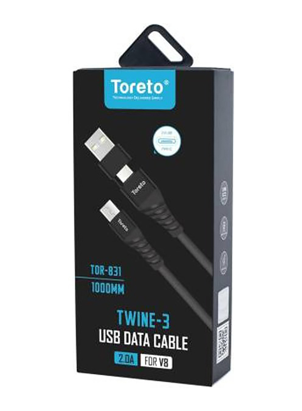 Toreto 1-Meter Twine-3 Multi Data Cable, Micro USB Male to USB Type-C/USB Type A for Smartphone, Tor-831, Black