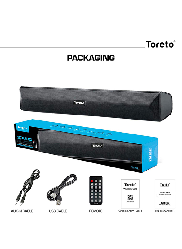 Toreto Wireless Sound Bar Rechargeable with Infrared Wireless Remote Control Blast, TOR-327, Black