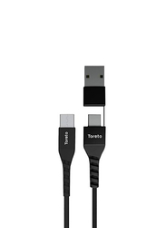 Toreto 1-Meter Twine-3 Multi Data Cable, Micro USB Male to USB Type-C/USB Type A for Smartphone, Tor-831, Black