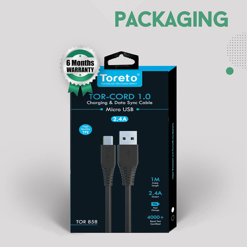 Toreto 1-Meter Tor-Cord 1.0 Micro USB 2.4A Charging & Data Sync Cable, USB Type A Male to Micro USB Cable for Smartphones/Tablets, TOR-858, Black