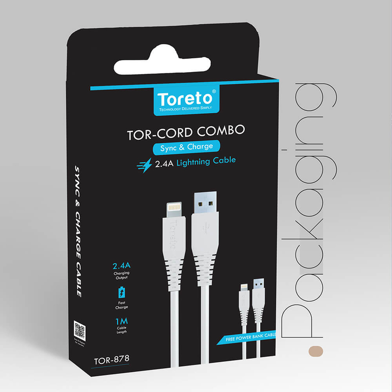 Toreto 1-Meter Tor-Cord Combo Lightning 2.4A Sync & Charge Cable, USB Type A Male to Lightning Cable for Smartphones/Tablets, TOR-878, White