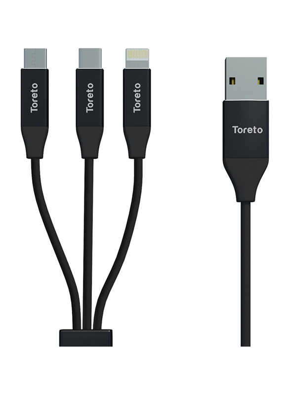 Toreto 1.2-Meter Trio 3-in-1 USB Charging Cable, USB Type A Male to Micro USB, USB Type-C, and Lightning Cable for Smartphones/Tablets, TOR-835, Black