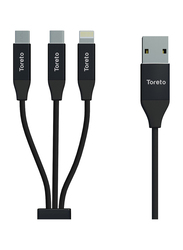 Toreto 1.2-Meter Trio 3-in-1 USB Charging Cable, USB Type A Male to Micro USB, USB Type-C, and Lightning Cable for Smartphones/Tablets, TOR-835, Black