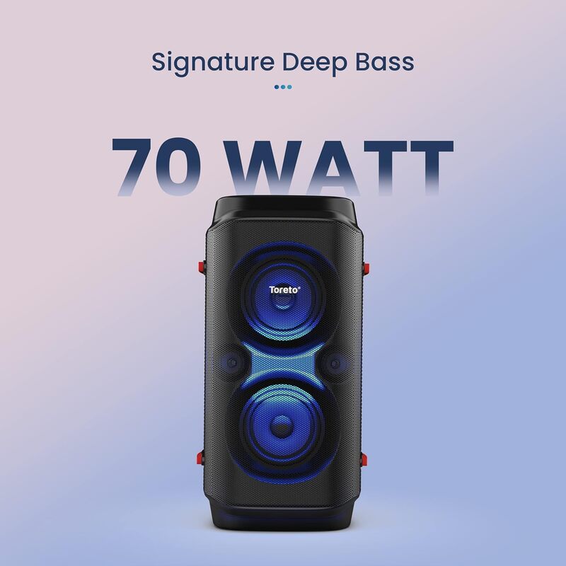 Toreto Party Box Wireless Bluetooth Party Speaker 70Watt Signature Deep Bass Sound Dynamic Running Sense RGB Light Digital Karaoke Mic