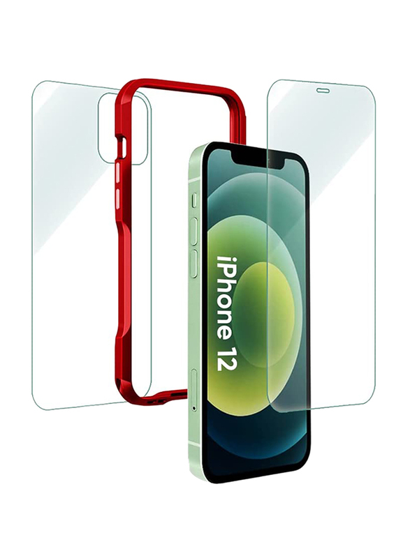 Break Protection Apple iPhone 12 Unbreakable 360° Front Back & Side Tempered Glass Screen Protection, Clear/Red