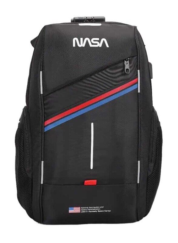 

Nasa 300D Material Printed Logo Combination Lock Backpack Laptop Bag, with USB Charging Port, Black