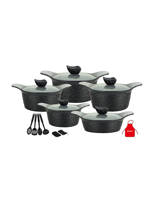 

Dessini 17-Pieces Granite Round Cooking Pot Set with Kitchen Tools, Grey