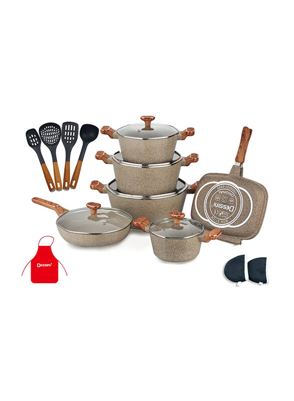 

Dessini 19-Pieces Granite Round Cooking Pot Set with Kitchen Tools, Beige