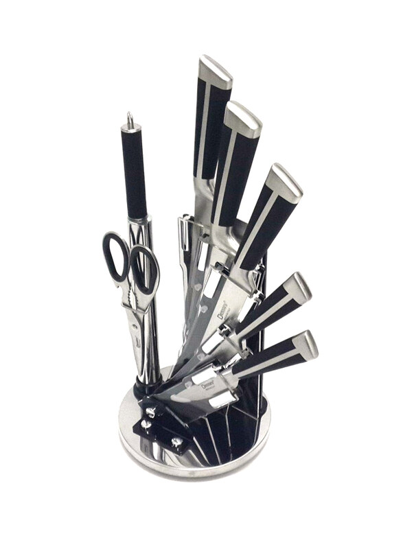 

Unbranded 9-Piece Stainless Steel Knife Set with 360 Degree Stand, Silver/Black