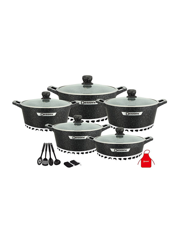 

Dessini 17-Pieces Granite Round Cooking Pot Set with Kitchen Tools, Grey