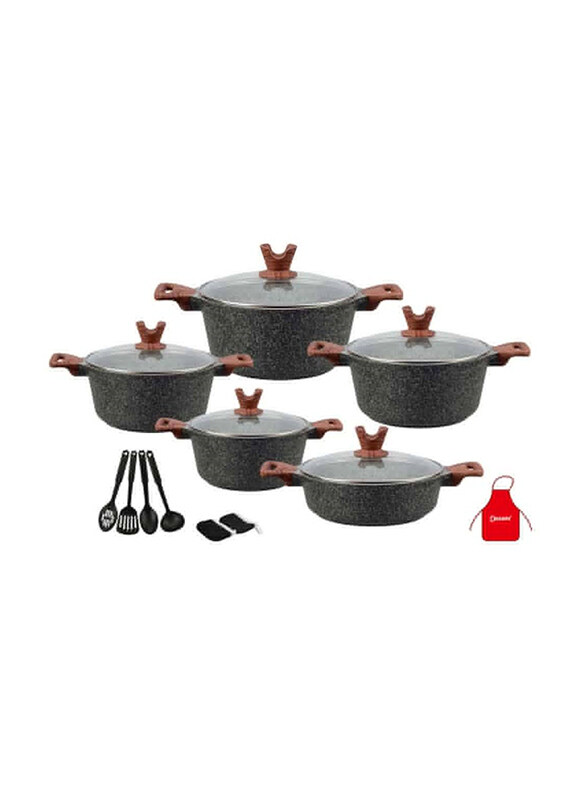 

Dessini 17-Pieces Granite Round Cooking Pot Set with Kitchen Tools, Grey