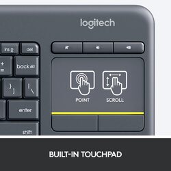 Logitech K400 Plus Wireless Livingroom Keyboard with Touchpad for Home Theatre PC Connected to TV, Customizable Multi-Media Keys, Windows, Android, Laptop/Tablet, Arabic Keyboard - Black