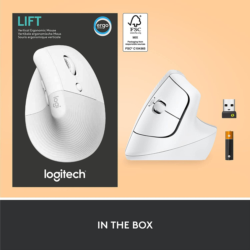 Logitech Lift Vertical Ergonomic Mouse, Wireless, Bluetooth or Logi Bolt USB receiver, Quiet clicks, 4 buttons, compatible with Windows/macOS/iPadOS, Laptop, PC -Off White