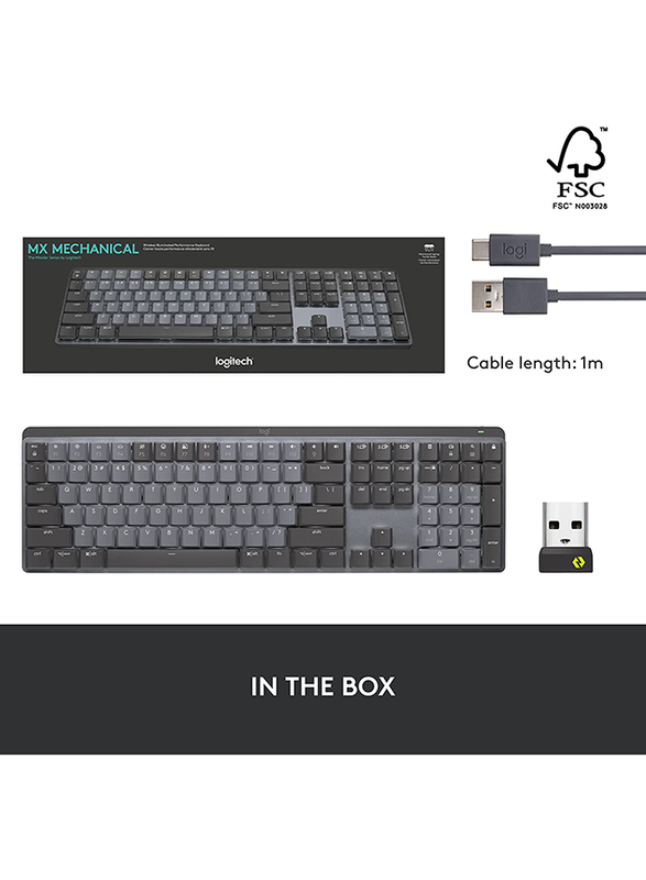 Logitech MX Mechanical Wireless Illuminated English Keyboard, Tactile Quiet Switches, 920-010547, Graphite Black