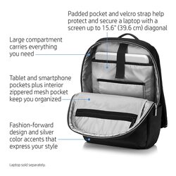 HP 4QF97AA Ample Space For All Your Essentials - With A Large Main Compartment 15.6" Pavilion Accent Backpack Black/Silver