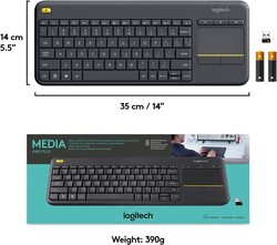 Logitech K400 Plus Wireless Livingroom Keyboard with Touchpad for Home Theatre PC Connected to TV, Customizable Multi-Media Keys, Windows, Android, Laptop/Tablet, Arabic Keyboard - Black