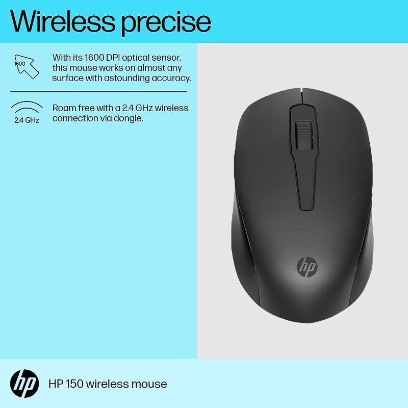 HP 150 Wireless Mouse,1600 DPI, 10 m Range, 2.4 GHz USB dongle for Instant connectivity, Ambidextrous, Ergonomic Design, Rubber Grip for All Day Comfort, 12 Month Battery, 