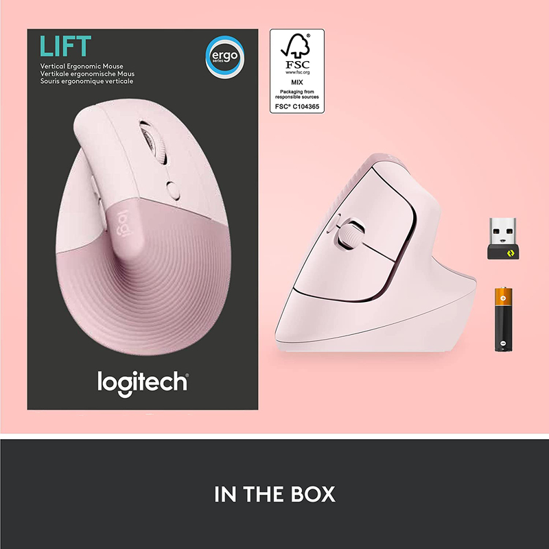 Logitech Lift Vertical Ergonomic Wireless Mouse, Pink