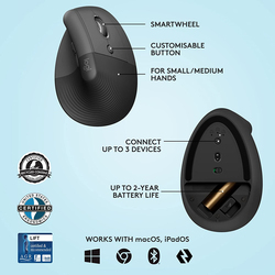 Logitech Lift Vertical Ergonomic Mouse, Wireless, Bluetooth or Logi Bolt USB receiver, Quiet clicks, 4 buttons, compatible with Windows/macOS/iPadOS, Laptop, PC -Black