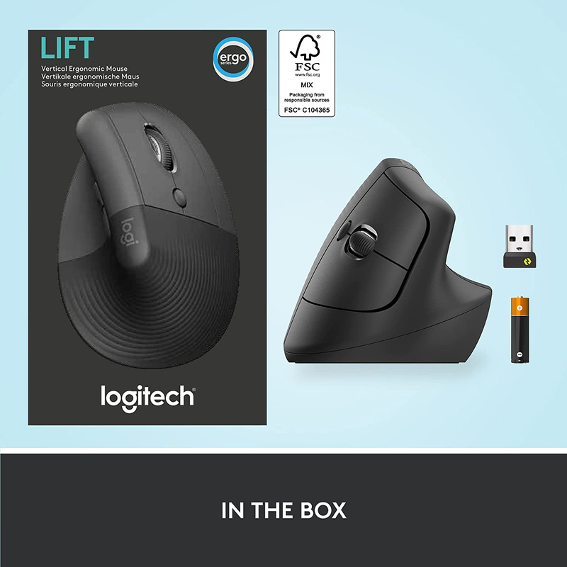 Logitech Lift Vertical Ergonomic Mouse, Wireless, Bluetooth or Logi Bolt USB receiver, Quiet clicks, 4 buttons, compatible with Windows/macOS/iPadOS, Laptop, PC -Black