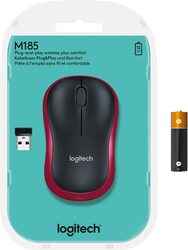 Logitech M185 Wireless Mouse, 2.4GHz with USB Mini Receiver, 12-Month Battery Life, 1000 DPI Optical Tracking, Ambidextrous, Compatible with PC, Mac, Laptop-Black/Red