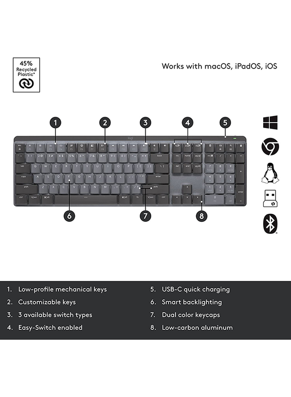 Logitech MX Mechanical Wireless Illuminated English Keyboard, Tactile Quiet Switches, 920-010547, Graphite Black