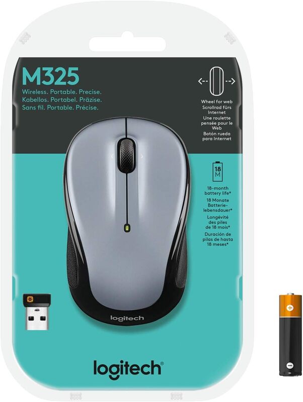 Logitech M325 Wireless Mouse, 2.4 GHz with USB Unifying Receiver, 1000 DPI Optical Tracking, 18-Month Life Battery, PC/Mac/Laptop - Light Silver Grey