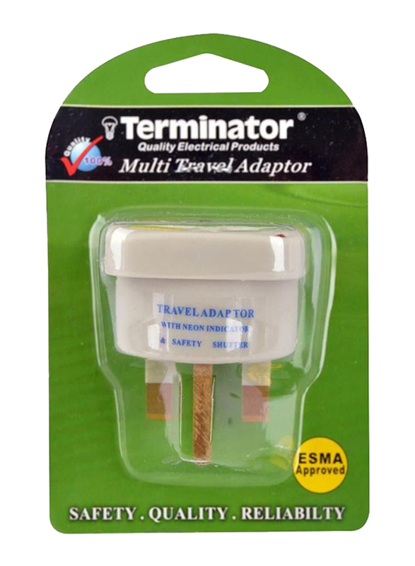 Terminator 3 Sockets Multi Travel Adapter, One 3 Pin, Two 2 Pin and 13A Plug, ESMA Approved, TL-11A, White