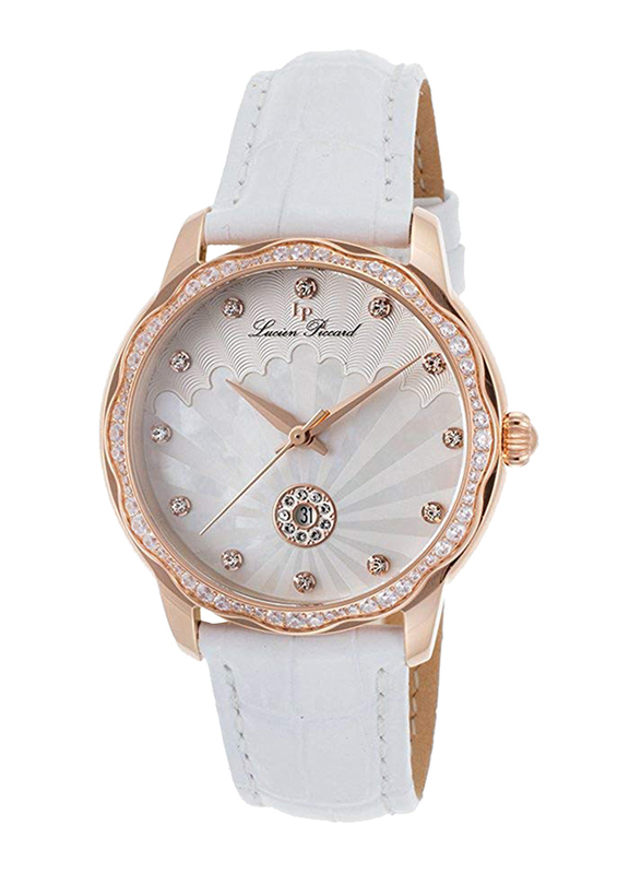 Lucien Piccard Balarina Analog Watch for Women with Leather Band, Water Resistant, LP-40042-02MOP, White