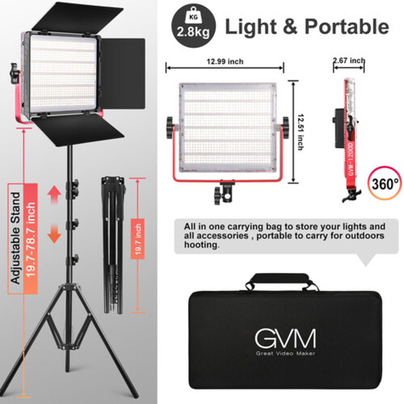 GVM RGB LED Studio Video Bi-Color Soft 1200D 2-Light Panel Bundle, Black