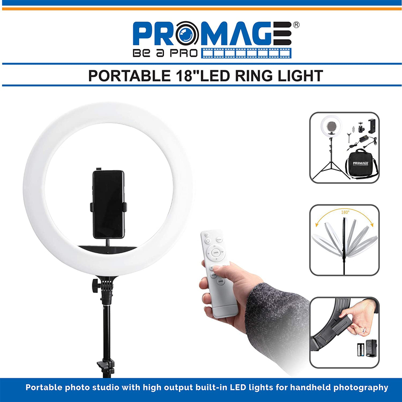 Promage 18 Inch Ring Light LED, with Mirror, Light Remote, 3 Phone Holder Hot Shoe Mount for Product & Makeup Photography, Live streaming, White