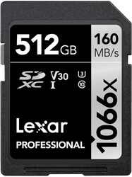 LEXAR PROFESSIONAL 512GB 1066X SDXC UHS-I CARDS, UP TO 160MB/S READ 120MB/S WRITE C10 V30 U3
