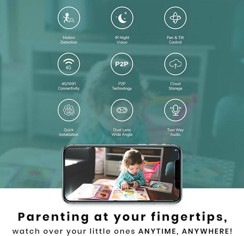 Promage Connect 3MP Dual Lens Pan/Tilt Security Camera for Baby Monitor, w/Motion Detection, 1080P, 2-Way Audio, Night Vision, Cloud & SD Card Storage, Works with Alexa & Google Home, PC-I422-W