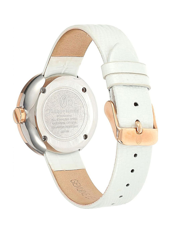 Philippe Moraly of Switzerland Analog Watch for Women with Leather Band. Water Resistant. LS1156RWW. White