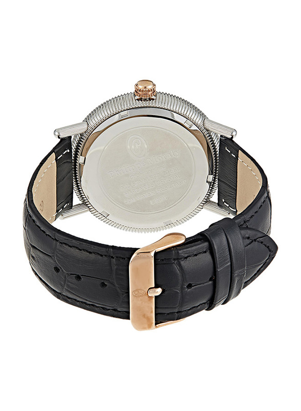 Philippe Moraly of Switzerland Analog Watch for Men with Leather Band. Water Resistant. L1371CRBB. Black