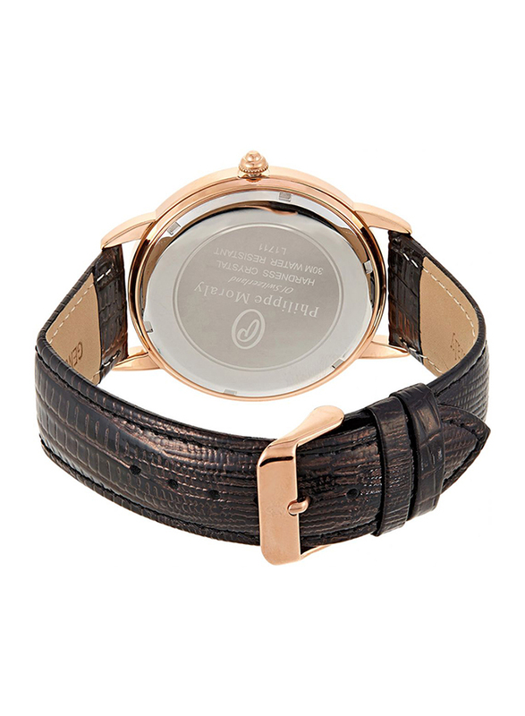 Philippe Moraly of Switzerland Analog Watch for Men with Leather Band. Water Resistant. L1711. Dark Brown