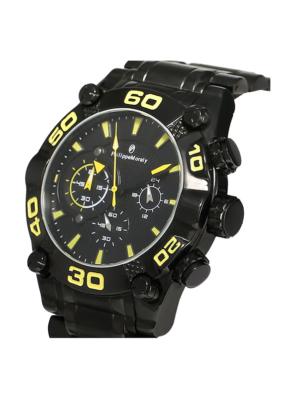 Philippe Moraly of Switzerland Analog Watch for Men with Stainless Steel Band. Water Resistant and Chronograph. MC1333BBL. Black-Yellow