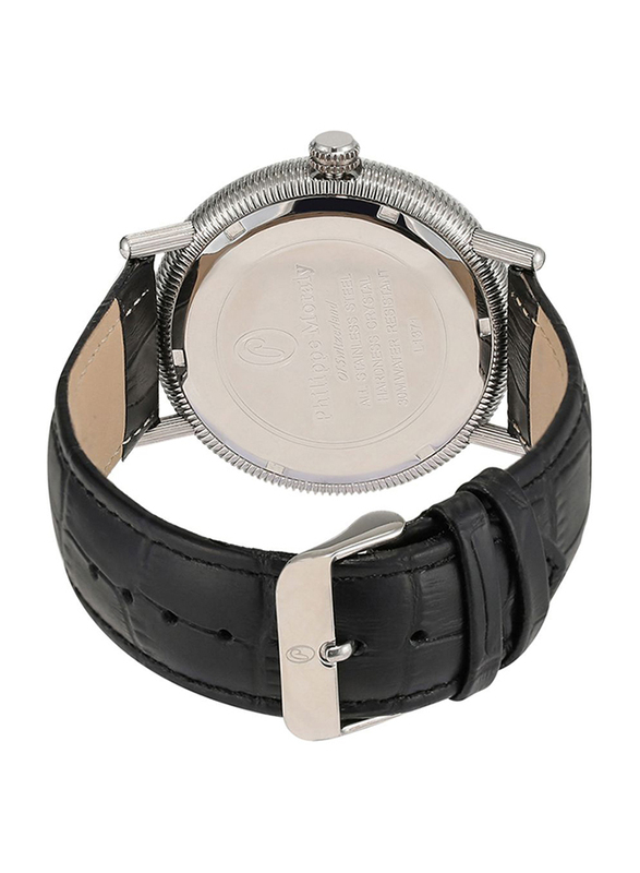 Philippe Moraly of Switzerland Analog Watch for Men with Leather Band. Water Resistant. L1371WWB. Black-White