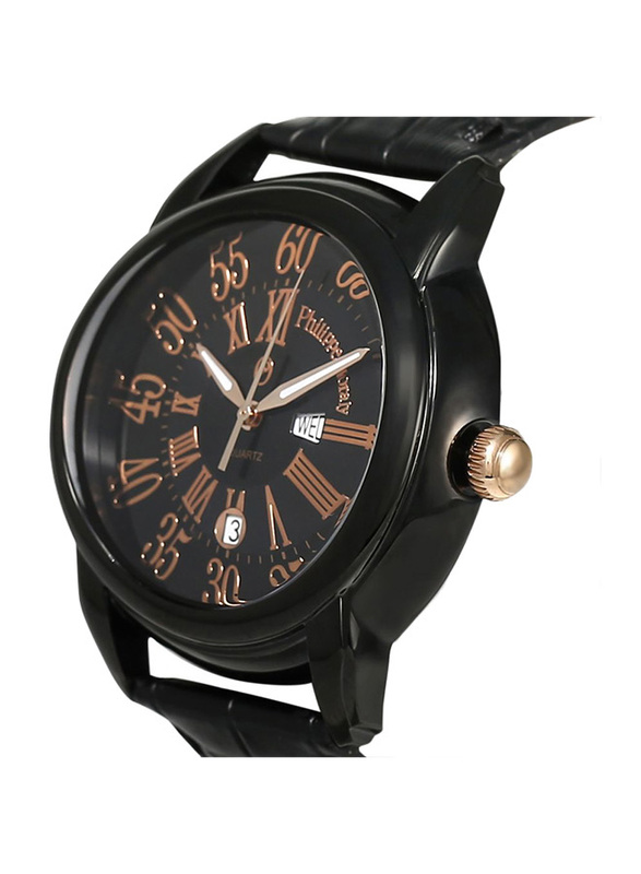 Philippe Moraly of Switzerland Analog Watch for Men with Leather Band. Water Resistant. L1375BRBB. Black