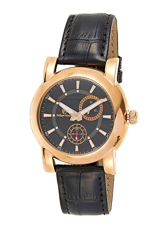 Philippe Moraly of Switzerland Analog Watch for Men with Leather Band. Water Resistant. L1423RBB. Black-Gold