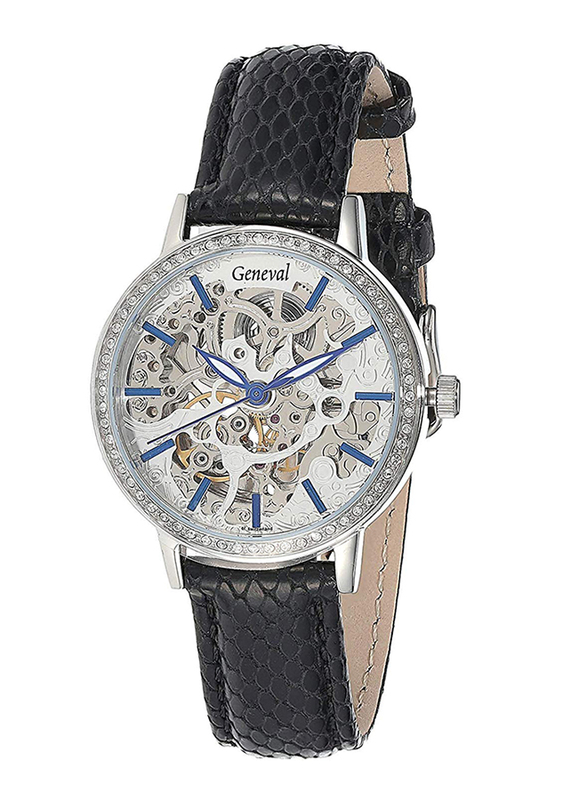 Geneval of Switzerland Analog Automatic Watch for Women with Leather Band. Water Resistant. GLAS1712WWB. Black-Silver