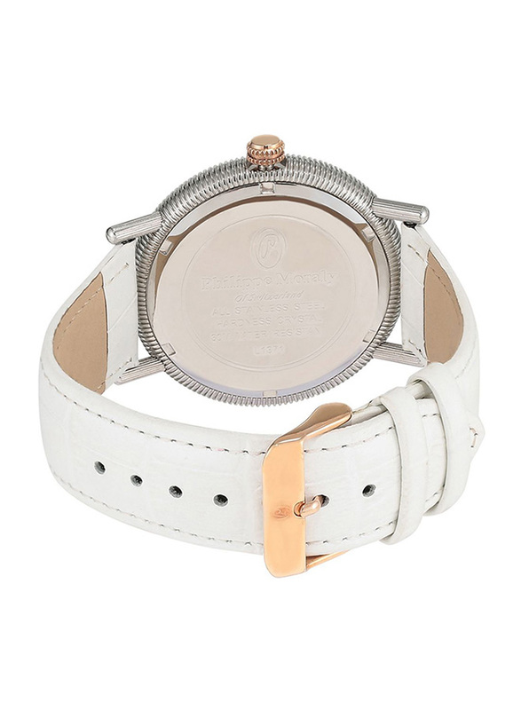 Philippe Moraly of Switzerland Analog Watch for Men with Leather Band. Water Resistant. L1371CRWW. White