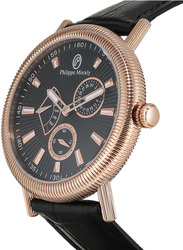 Philippe Moraly of Switzerland Analog Watch for Men with Leather Band. Water Resistant. L1471RBB. Black-Black/Rose Gold