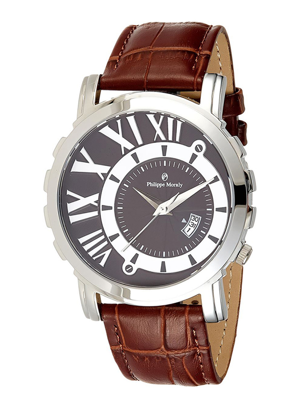 Philippe Moraly of Switzerland Analog Watch for Men with Leather Band. Water Resistant and Date Display. L1017WOO. Brown-Purple