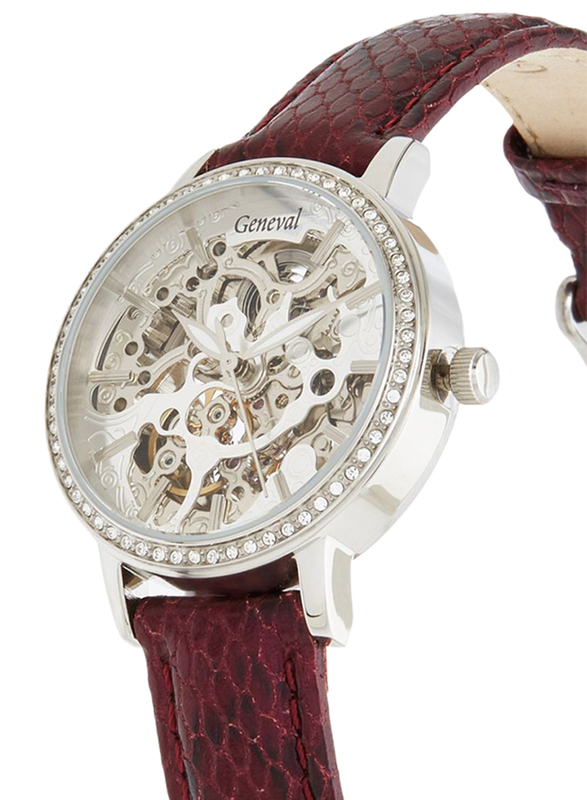 Geneval of Switzerland Analog Automatic Watch for Women with Leather Band. Water Resistant. GLAS1712WWV. Brown-White
