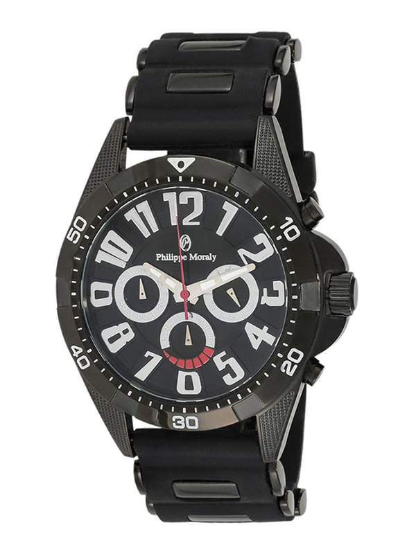 Philippe Moraly of Switzerland Analog Watch for Men with Rubber Band. Water Resistant with Chronograph. RC1455BBB. Black