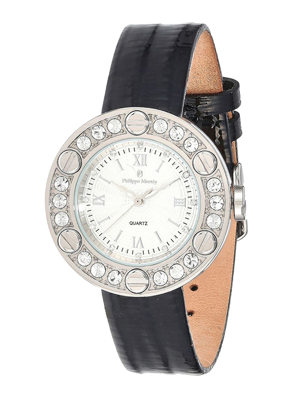 Philippe Moraly of Switzerland Analog Watch for Women with Leather Band. Water Resistant. LS1156WWB. Black-White