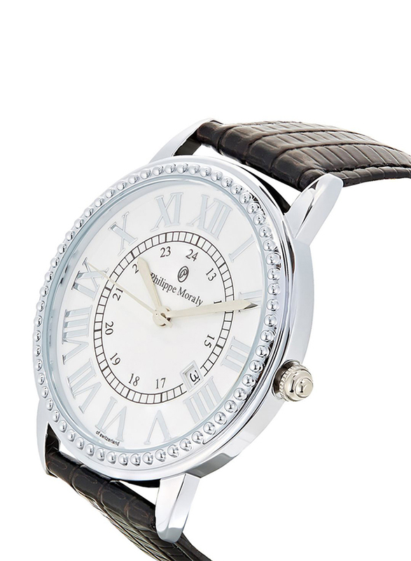 Philippe Moraly of Switzerland Analog Watch for Men with Leather Band. Water Resistant. L1711. Black-White